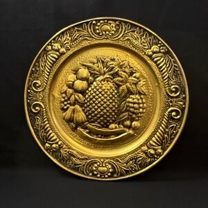 Vintage Brass Fruit Basket Wall Hanging Plate Elpec Repousse Pineapple Decor 14"